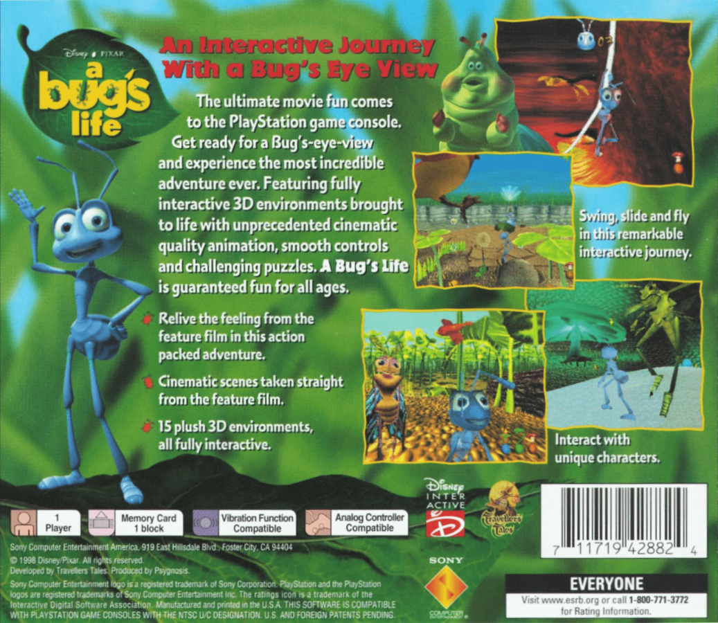 Disney Pixar A Bug's Life back of case PlayStation 1 (PS1) retro video game
