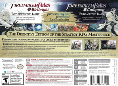 Fire Emblem Fates Special Edition special edition release for the Nintendo 3DS featuring all three story paths Birthright Conquest and Revelation with tactical RPG gameplay character relationships and strategic turn based battles in a fantasy setting back cover art