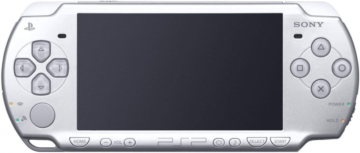 PlayStation Portable PSP 3000 Silver handheld console for video game enthusiasts featuring portable gaming hardware vibrant widescreen display built in stereo speakers ergonomic handheld design UMD game compatibility multimedia entertainment and collectible gaming appeal front off