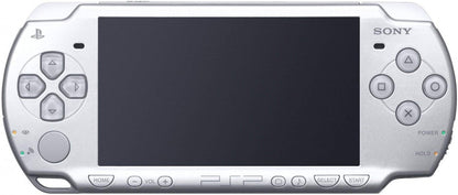 PlayStation Portable PSP 3000 Silver handheld console for video game enthusiasts featuring portable gaming hardware vibrant widescreen display built in stereo speakers ergonomic handheld design UMD game compatibility multimedia entertainment and collectible gaming appeal front off