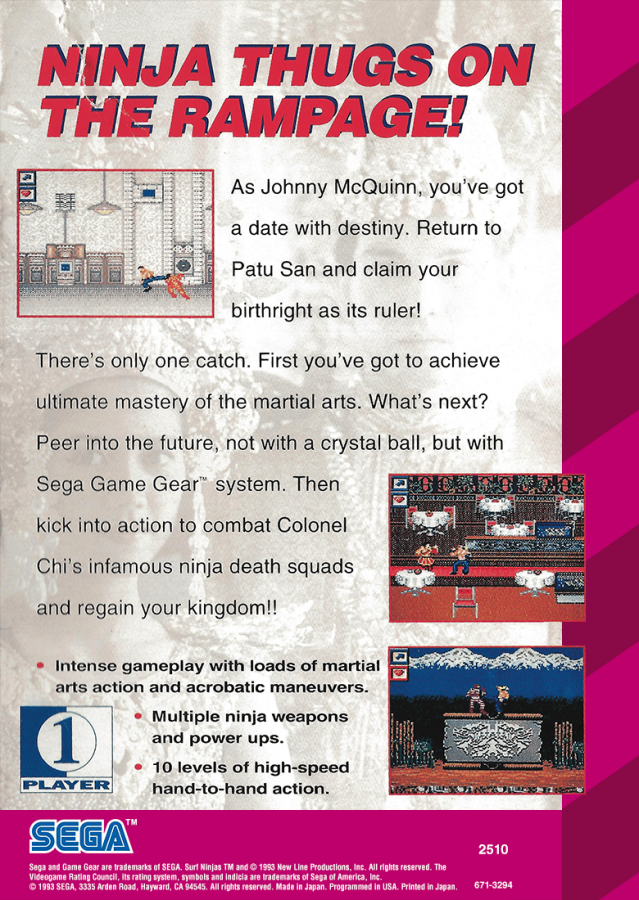 Surf Ninjas back cover art for Sega Game Gear (GG) video game