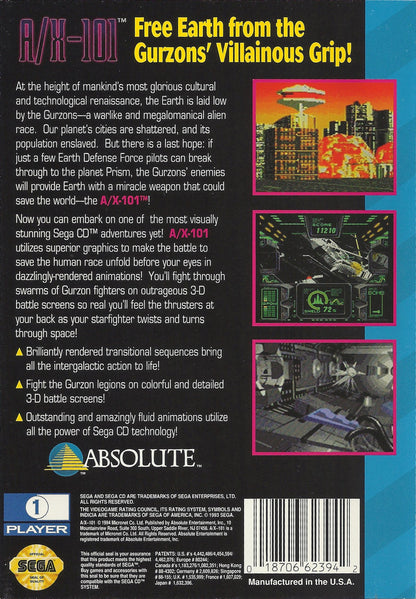 A/X-101 Sega CD full motion video FMV rail shooter sci fi space combat laserdisc style gameplay animated cinematic action spaceship battles futuristic arcade shooting retro gaming Sega CD software video game title back cover art