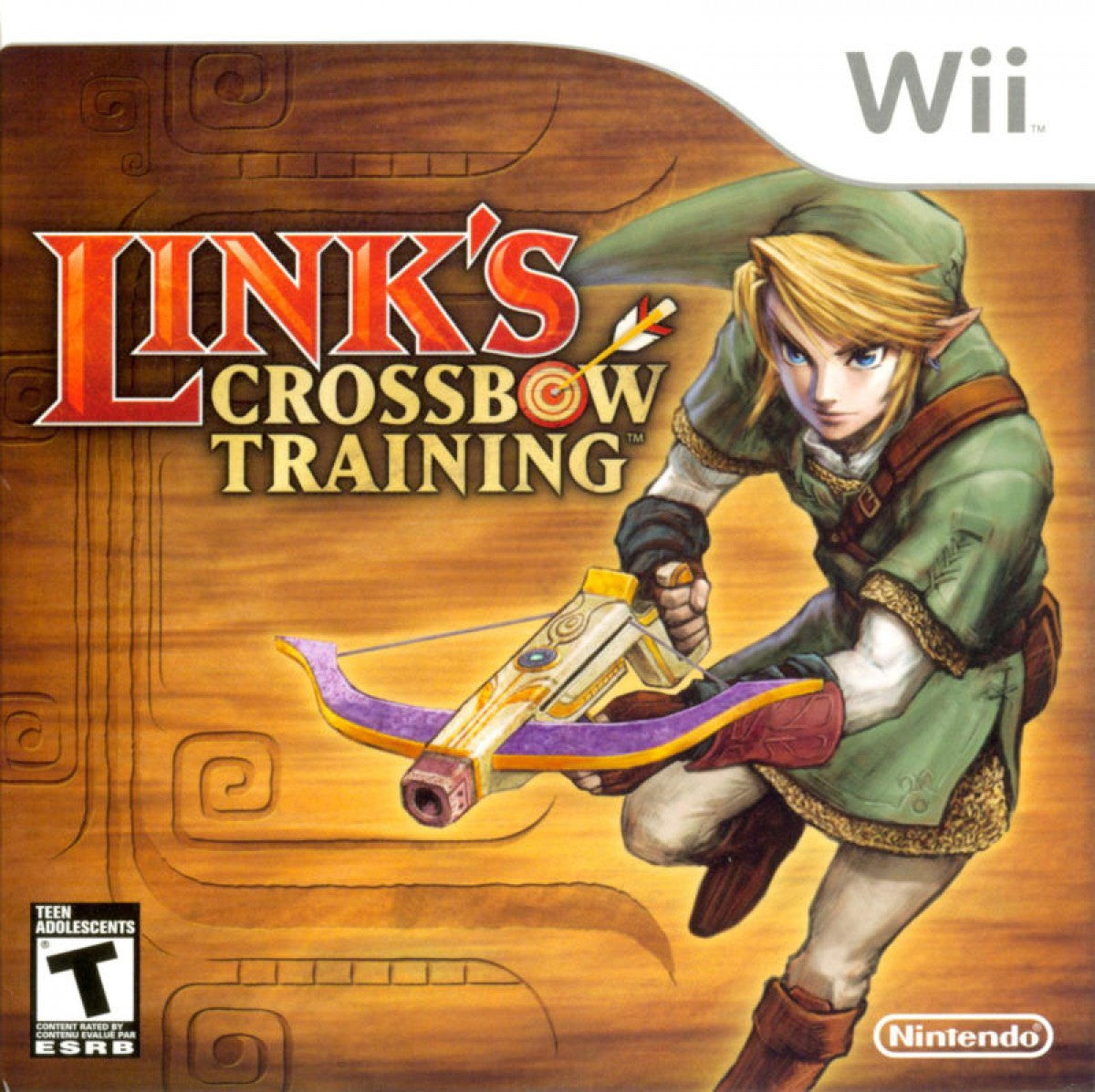 Link's Crossbow Training Nintendo Wii first-person shooter light gun game using the Wii Remote and Nunchuk based on The Legend of Zelda Twilight Princess with multiple stages and targets front cover