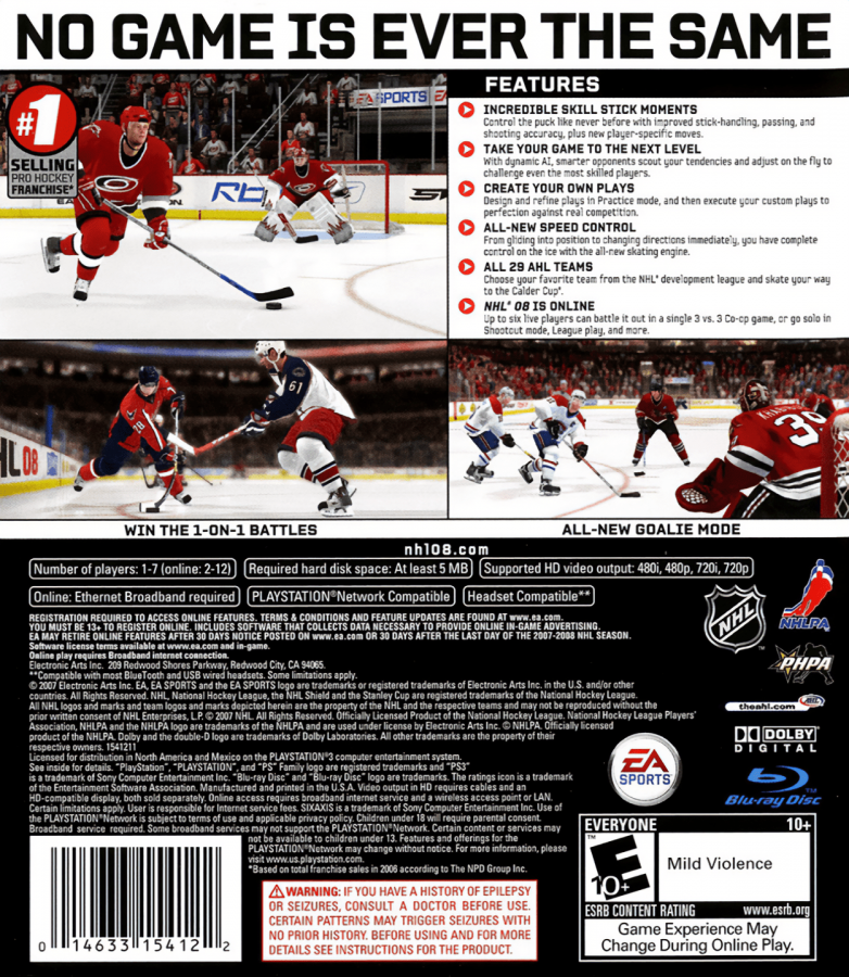 NHL 08 back cover art for PlayStation 3 PS3 video game