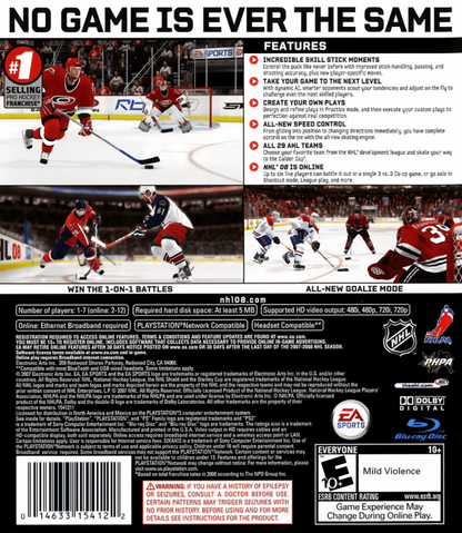 NHL 08 back cover art for PlayStation 3 PS3 video game