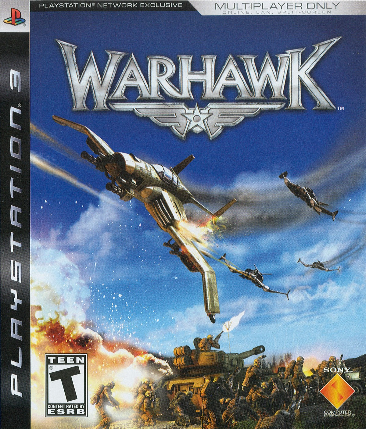 Warhawk PlayStation 3 PS3 video game featuring third person combat gameplay aerial warfare vehicle battles online multiplayer action strategic combat military missions and intense battlefield gameplay Sony PlayStation 3 retro video game collection collectible gaming appeal front cover art