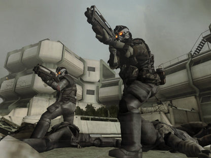 Killzone PS2 Sony PlayStation 2 first person shooter FPS military sci fi war game Helghast enemies tactical combat squad warfare Guerilla Games story campaign multiplayer split screen retro gaming PlayStation 2 software video game title gameplay