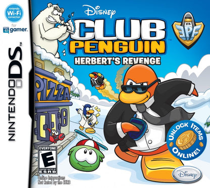 Club Penguin Herberts Revenge for Nintendo DS, cover image for an action-adventure video game with puzzle-solving, spy missions, mini-games, and cartoon-style gameplay 