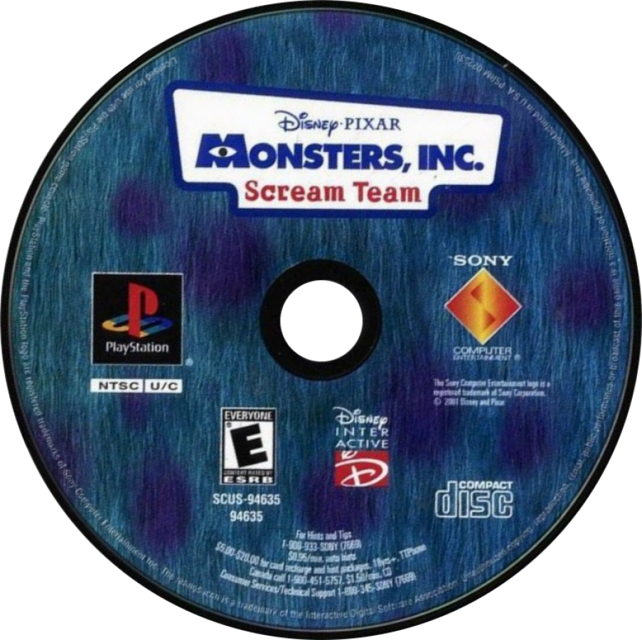 Monsters, Inc. Scream Team game for the PlayStation featuring 3D platforming gameplay based on the Pixar film with character switching between Mike and Sulley exploration of Monstropolis and energy collecting missions in a family friendly adventure setting disc