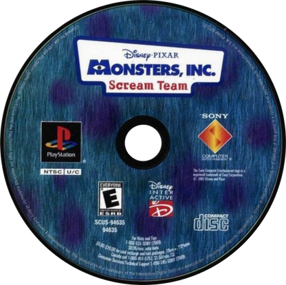 Monsters, Inc. Scream Team game for the PlayStation featuring 3D platforming gameplay based on the Pixar film with character switching between Mike and Sulley exploration of Monstropolis and energy collecting missions in a family friendly adventure setting disc