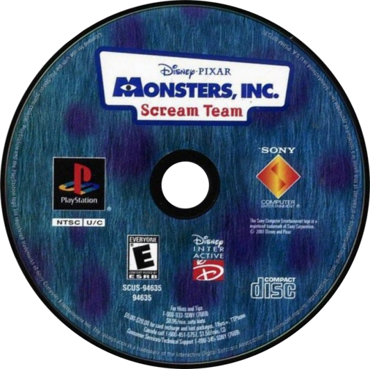 Monsters, Inc. Scream Team game for the PlayStation featuring 3D platforming gameplay based on the Pixar film with character switching between Mike and Sulley exploration of Monstropolis and energy collecting missions in a family friendly adventure setting disc