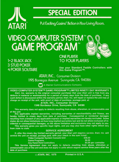 Casino Text Label for Atari 2600, back of case for a casino card and gambling video game with classic table games, retro card gameplay, chance-based challenges, and vintage home console fun