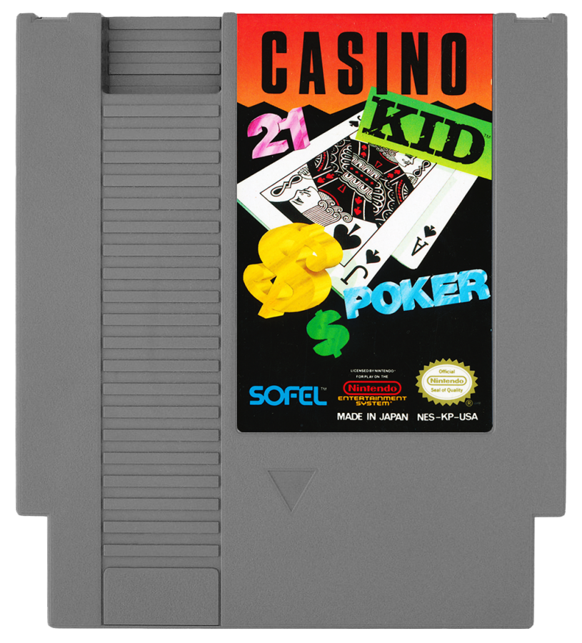 Casino Kid Nintendo Entertainment System NES video game featuring casino gambling gameplay poker blackjack roulette casino table games betting challenges and classic 8 bit Nintendo gameplay retro video game collection collectible gaming appeal game cartridge