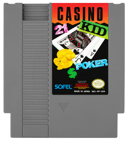 Casino Kid Nintendo Entertainment System NES video game featuring casino gambling gameplay poker blackjack roulette casino table games betting challenges and classic 8 bit Nintendo gameplay retro video game collection collectible gaming appeal game cartridge