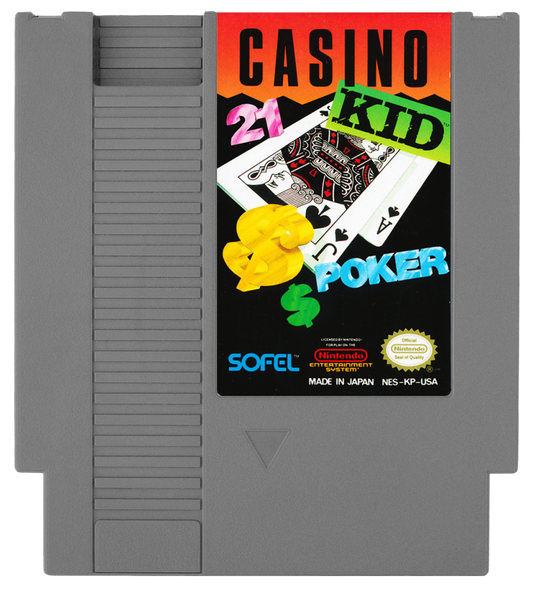 Casino Kid Nintendo Entertainment System NES video game featuring casino gambling gameplay poker blackjack roulette casino table games betting challenges and classic 8 bit Nintendo gameplay retro video game collection collectible gaming appeal game cartridge