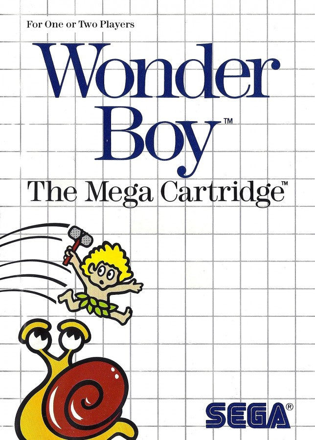 Wonder Boy Sega Master System SMS for classic platforming adventure video game fans featuring side scrolling action colorful environments challenging levels enemy battles power ups fruit collectibles skateboarding sections and fast paced arcade style gameplay collectible retro gaming appeal front cover art