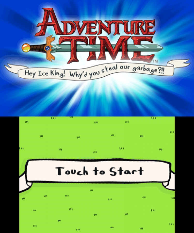 Adventure Time: Hey Ice King! Why Did You Steal Our Garbage?!! start screen for Nintendo 3DS (3DS) action adventure video game