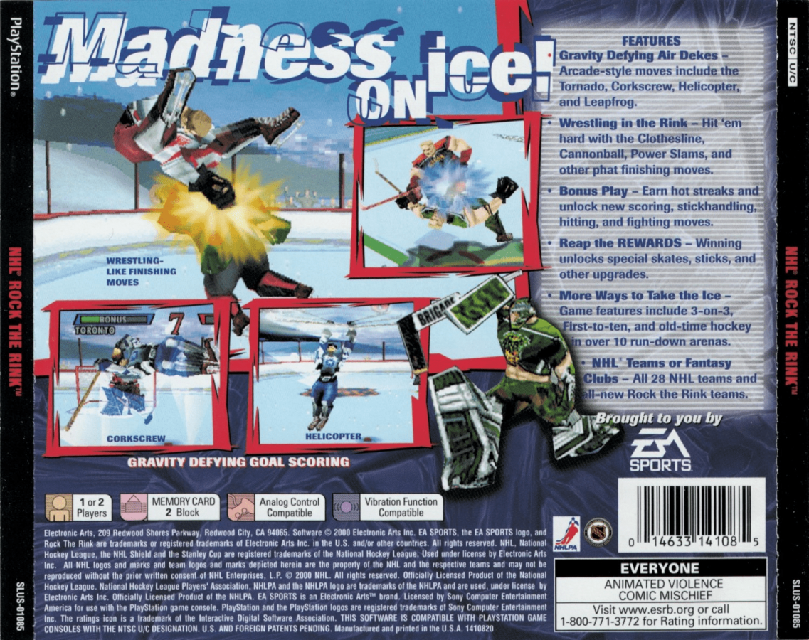 NHL Rock the Rink PlayStation 1 arcade-style hockey video game high-speed gameplay power-ups five-on-five format multiple teams multiplayer mode back cover art