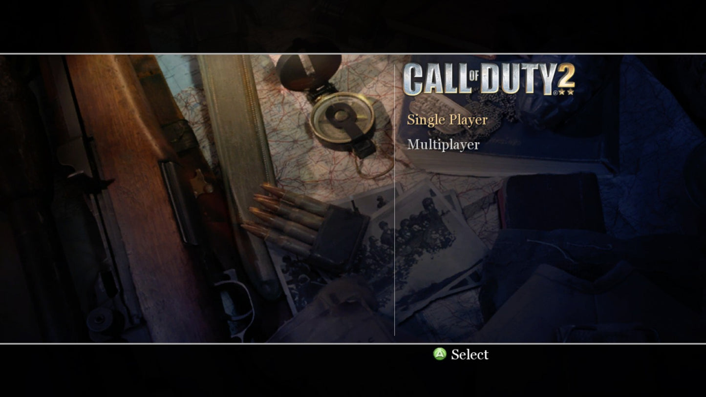 LocalID_66869 Retro Call of Duty 2 Xbox 360 inspired design featuring World War 2 first person shooter aesthetic vintage HD era Normandy landings intense infantry combat cinematic war storytelling realistic battlefield atmosphere nostalgic classic FPS presentation title screen