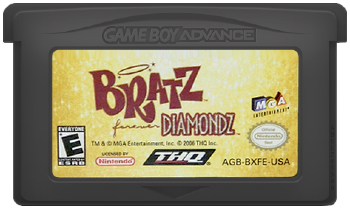 Bratz Forever Diamondz Game Boy Advance GBA video game, fashion and adventure gameplay, character customization, handheld console title cartridge art 