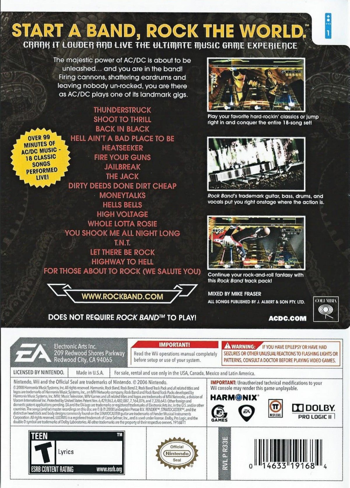 ACDC Live Rock Band Track Pack Nintendo Wii Wii for retro video game enthusiasts featuring rhythm music gameplay classic rock performance tracks band simulation mechanics instrument based input modes energetic concert style presentation and collectible gaming appeal back cover