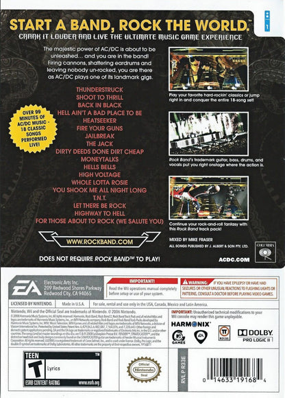 ACDC Live Rock Band Track Pack Nintendo Wii Wii for retro video game enthusiasts featuring rhythm music gameplay classic rock performance tracks band simulation mechanics instrument based input modes energetic concert style presentation and collectible gaming appeal back cover