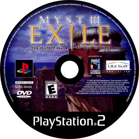Myst III Exile PlayStation 2 PS2 video game, puzzle adventure, atmospheric exploration, classic Myst series title disc
