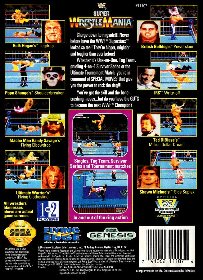 WWF Super WrestleMania for Sega Genesis with classic 16-bit wrestling action theme back cover