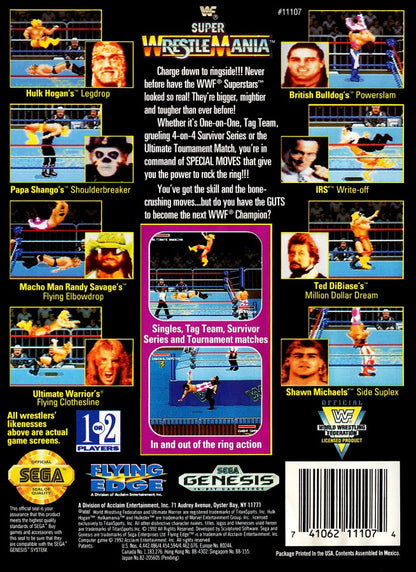 WWF Super WrestleMania for Sega Genesis with classic 16-bit wrestling action theme back cover