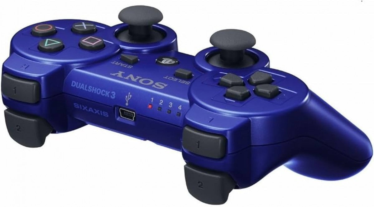 PS3 wireless controller in blue featuring dual analog sticks and classic PlayStation button layout