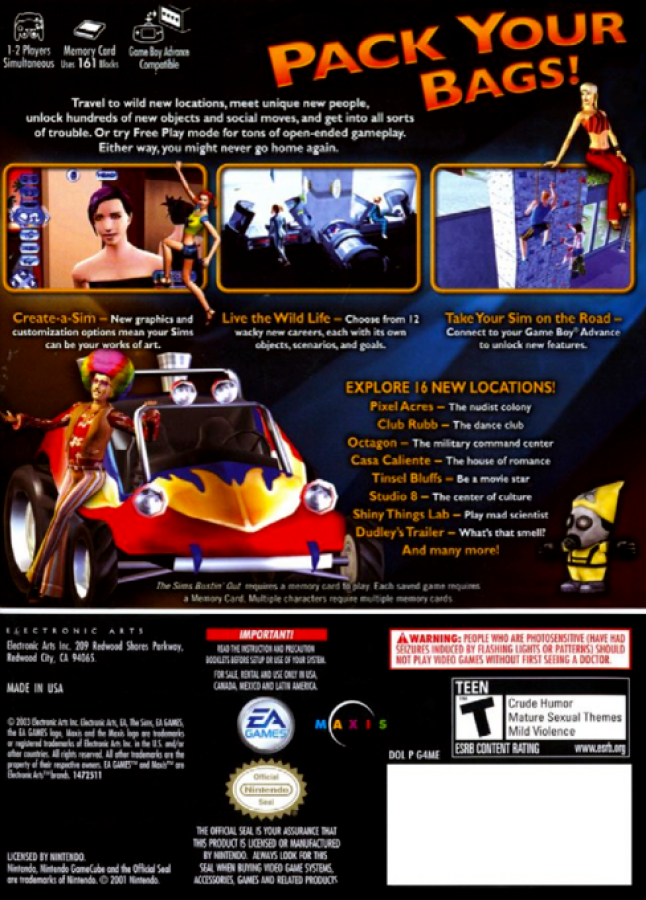 The Sims Bustin’ Out Player’s Choice GameCube GC video game, life simulation, open-ended gameplay, family-friendly, classic Nintendo GameCube title back cover