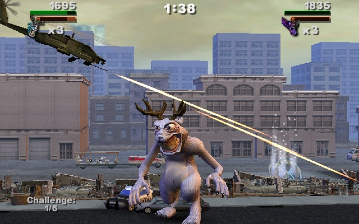 Rampage Total Destruction PS2 Sony PlayStation 2 arcade action game monster destruction city smashing gameplay cooperative multiplayer classic Rampage creatures giant monster rampaging buildings vehicles retro gaming PlayStation 2 software video game title gameplay