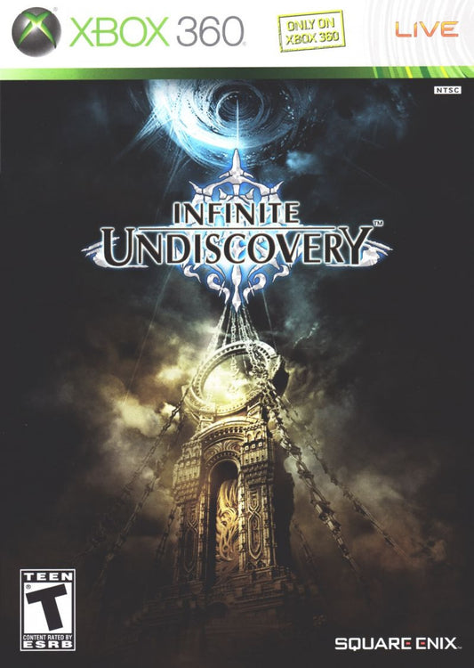 Infinite Undiscovery Xbox 360 video game featuring epic action role playing gameplay real time combat cinematic story classic JRPG mechanics and Square Enix fantasy adventure title front cover