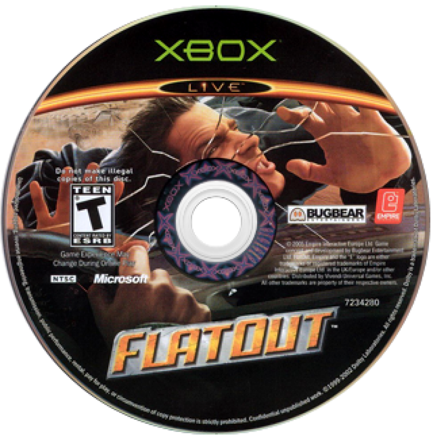 FlatOut Microsoft Xbox Original Xbox video game featuring high speed racing gameplay destructive vehicle crashes demolition derby events stunt challenges realistic driving physics competitive racing and intense vehicular action retro video game collection collectible gaming appeal disc