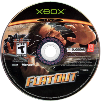 FlatOut Microsoft Xbox Original Xbox video game featuring high speed racing gameplay destructive vehicle crashes demolition derby events stunt challenges realistic driving physics competitive racing and intense vehicular action retro video game collection collectible gaming appeal disc