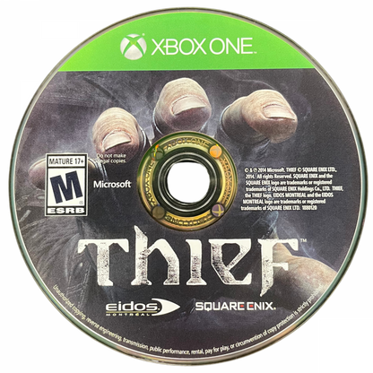 Thief Xbox One stealth action game master thief Garrett shadowy City supernatural abilities stealth mechanics first-person perspective dark Gothic Victorian setting focus abilities various arrow types lockpicking loot stealing multiple difficulty modes including Iron Man single player disc art
