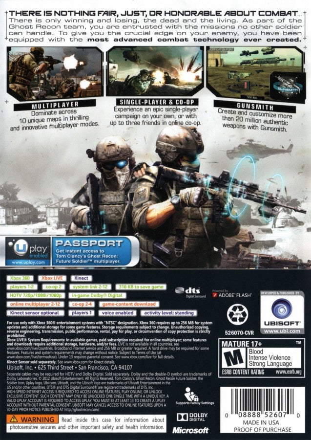 Tom Clancys Ghost Recon Future Soldier retro Xbox 360 video game featuring tactical military shooter gameplay, squad based combat, stealth action missions and classic Xbox 360 entertainment - back of case