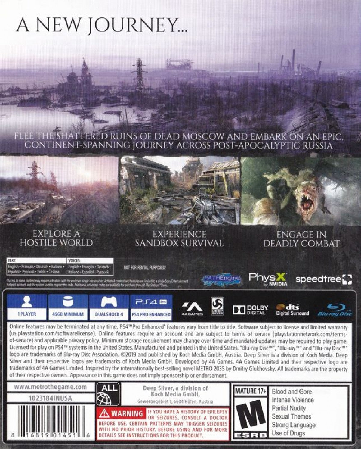 Metro Exodus – PlayStation 4 (PS4) video back of case, first-person shooter game