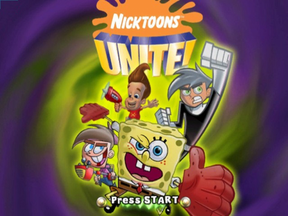 Nicktoons Unite Nintendo GameCube GC video game featuring crossover action adventure gameplay with SpongeBob SquarePants Danny Phantom Jimmy Neutron and Timmy Turner colorful Nickelodeon characters cooperative gameplay puzzle solving combat challenges retro video game Nintendo GameCube collection collectible gaming appeal gameplay