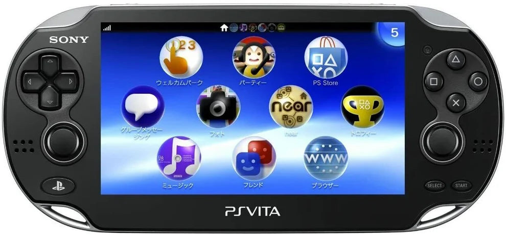PlayStation Vita 1000 PS Vita 1000 JP Black Good Condition Sony handheld gaming console Japanese model OLED touchscreen display dual analog sticks rear touchpad portable gaming system Wi-Fi connectivity PlayStation Vita game compatibility sleek black design classic Sony handheld hardware retro gaming collection collectible gaming console appeal screen on