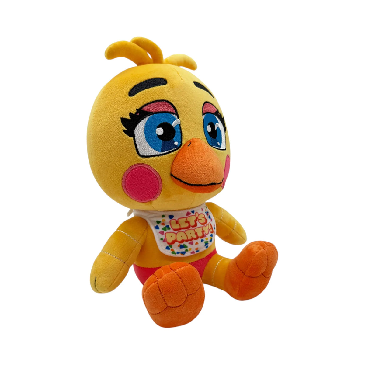 Toy Chica 9 Inch Plush collectible Five Nights at Freddy's FNAF character plush featuring Toy Chica soft plush construction bright yellow chicken design pink bib and detailed character styling 9 inch size huggable collectible display item video game merchandise and gaming collectible appeal left side
