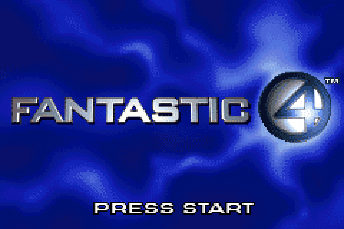 Fantastic 4 for Game Boy Advance (GBA), start screen for a retro video game featuring action beat-em-up gameplay, superhero combat, character-based abilities, side-scrolling missions, and comic-inspired adventure