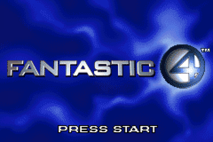 Fantastic 4 for Game Boy Advance (GBA), start screen for a retro video game featuring action beat-em-up gameplay, superhero combat, character-based abilities, side-scrolling missions, and comic-inspired adventure