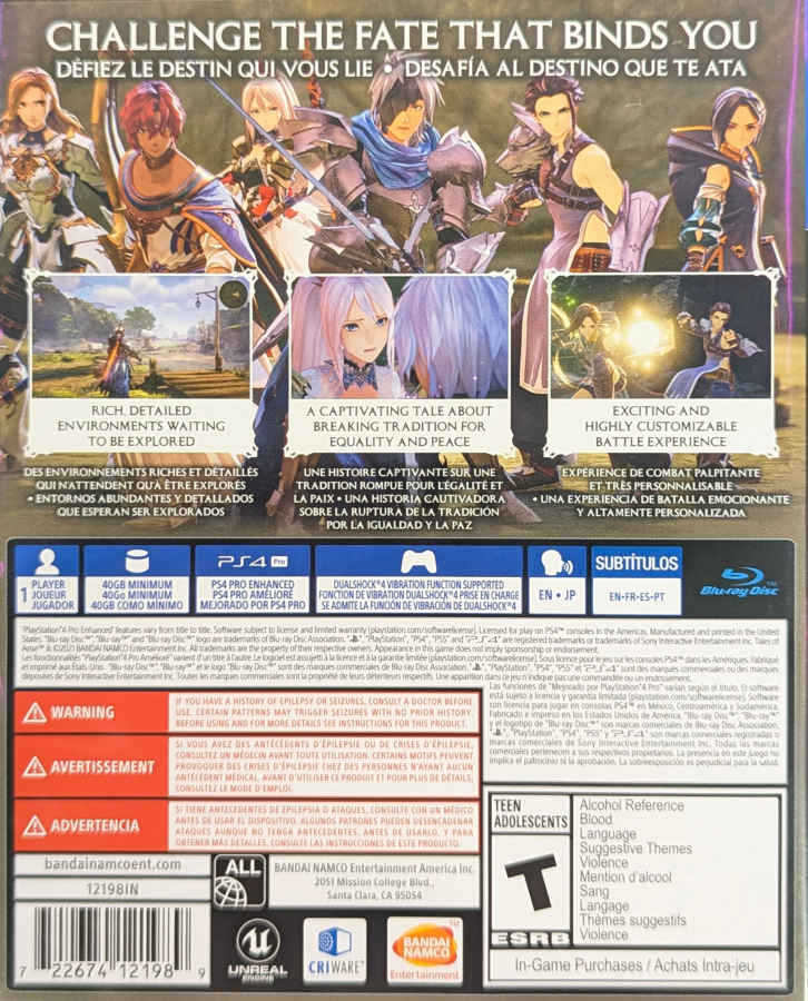 Tales of Arise for PlayStation 4 (PS4) featuring a stylish action JRPG where two warriors from rival worlds unite to overthrow oppressive rulers; fight with fast, flashy combo-based combat, explore vibrant landscapes, and experience a character-driven story about freedom, identity, and sacrifice back cover