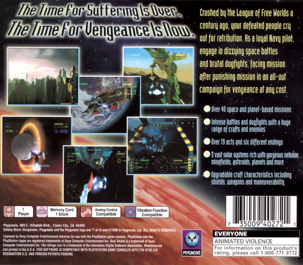 Colony Wars: Vengeance retro sci-fi space combat shooter game for PlayStation 1 (PS1) back of case