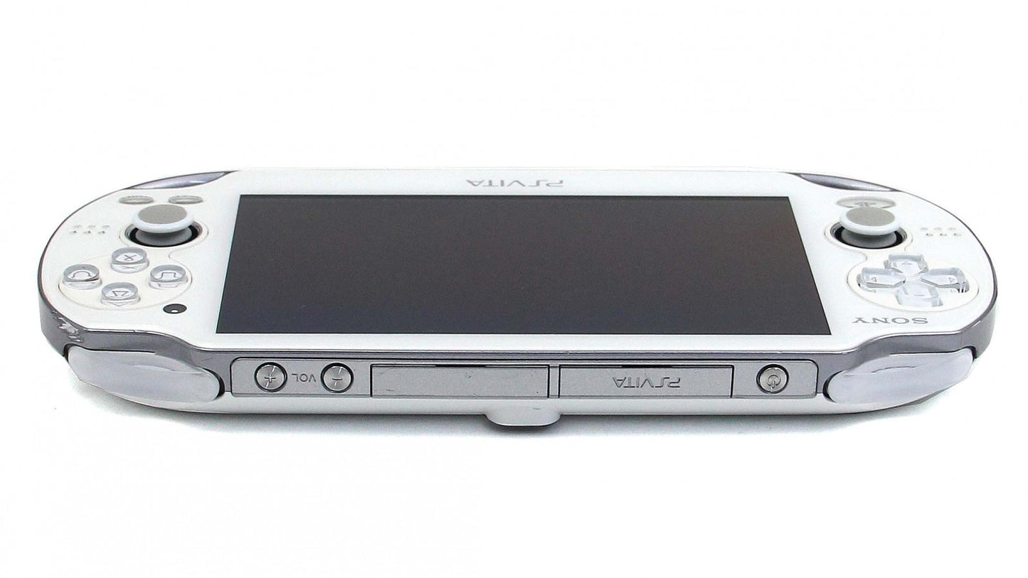 PlayStation Vita 1000 system in white featuring OLED screen and portable handheld gaming design