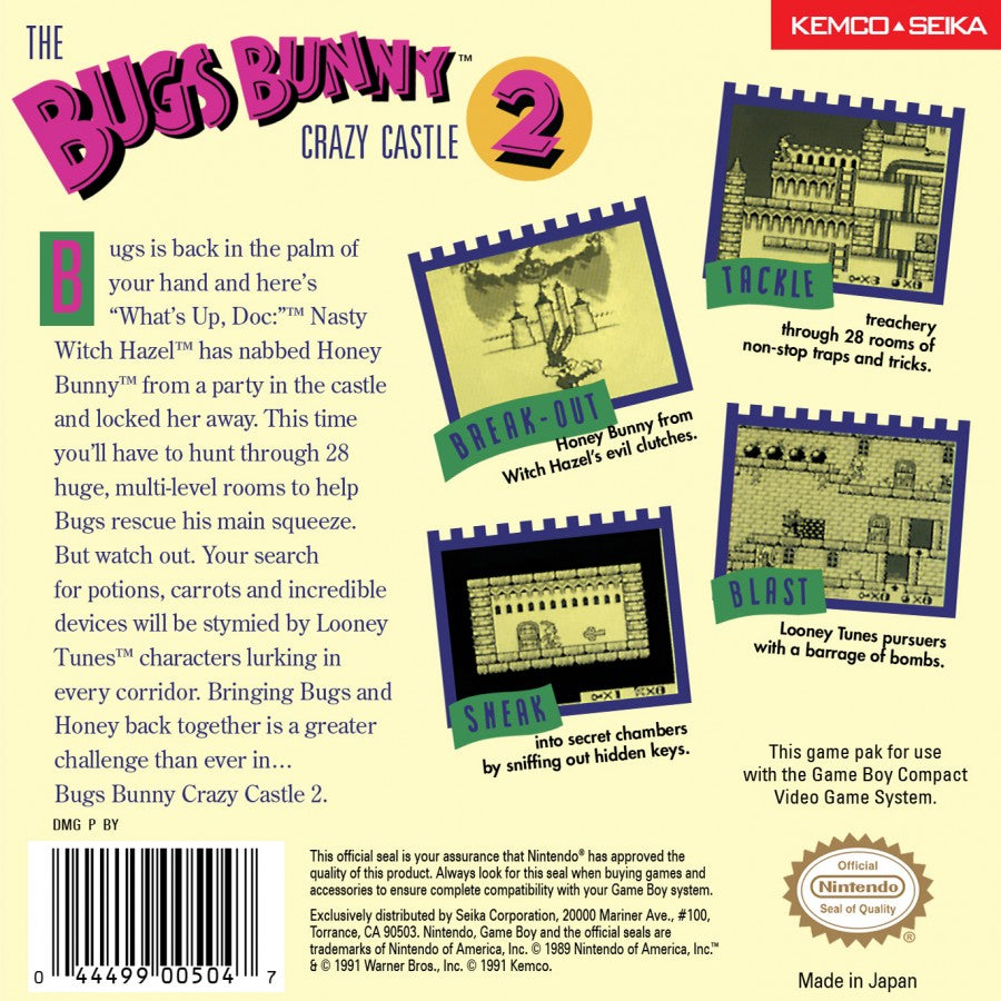 Bugs Bunny in Crazy Castle 2 Game Boy GB for retro video game enthusiasts featuring action puzzle platforming gameplay Looney Tunes characters maze style levels item collection enemy avoidance family friendly handheld adventure and collectible gaming appeal back cover 
