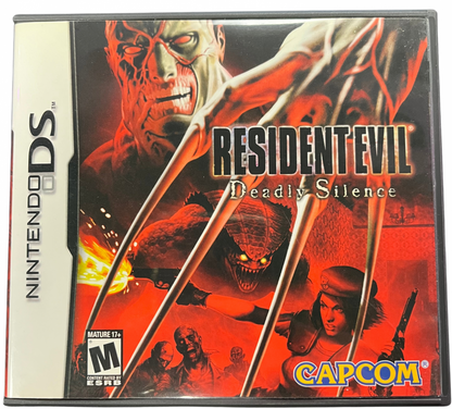 Resident Evil Deadly Silence Nintendo DS DS survival horror video game featuring zombie survival combat exploration eerie environments puzzles inventory management weapons dangerous creatures and classic Resident Evil gameplay enhanced for Nintendo DS DS with touch screen controls collectible cover art