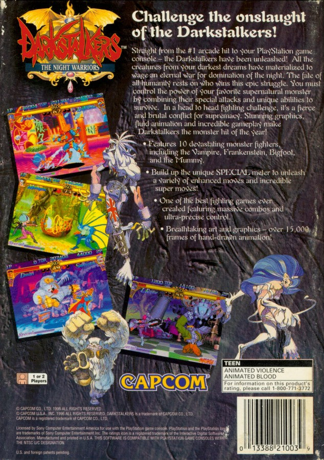 Darkstalkers The Night Warriors PS1 PlayStation 1 fighting game arcade style 2D combat monster themed Capcom retro video game back of case