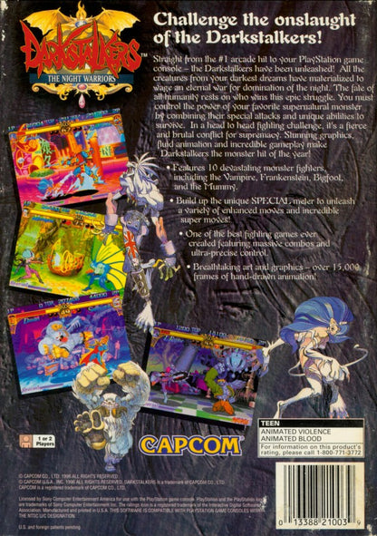 Darkstalkers The Night Warriors PS1 PlayStation 1 fighting game arcade style 2D combat monster themed Capcom retro video game back of case